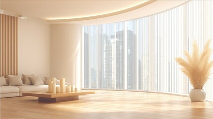 Modern living room with beige walls and light wood accents