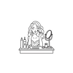 Black and white line art of a beautiful woman doing makeup at dressing table with mirror illustration