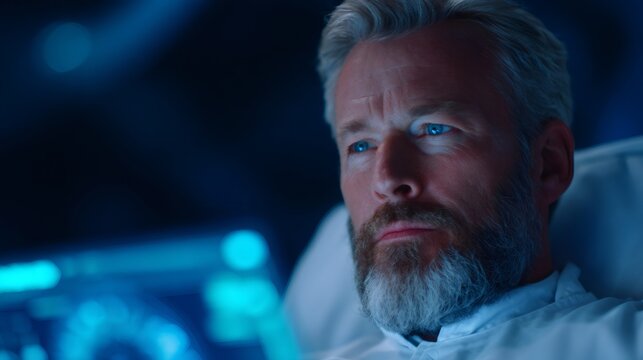 Man in futuristic medical facility. Patient undergoing modern health monitoring with advanced technology. Telemedicine and future healthcare.