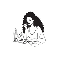 Black and white line art of a beautiful woman doing makeup at dressing table with mirror illustration