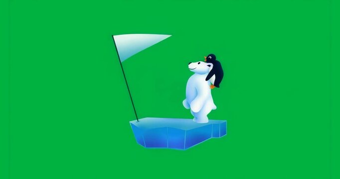After pause polar bear carrying penguin on floe shifting walking past flag transparent background