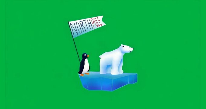 Polar bear standing on ice, penguin sliding off, calling under North Pole flag on transparent bg