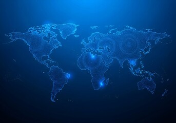 Dynamic glowing world map made of digital particles, highlighting global connections and innovation.