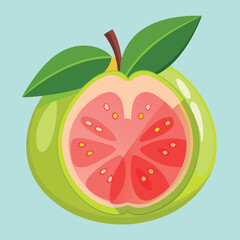 Detailed vector illustration of a guava fruit cut open showing seeds and flesh