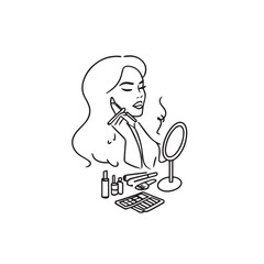 Black and white line art of a beautiful woman doing makeup at dressing table with mirror illustration