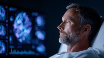 Mature man patient observes brain scan on monitor. Medical display with futuristic interface. AI diagnosis and innovative healthcare technology concept.