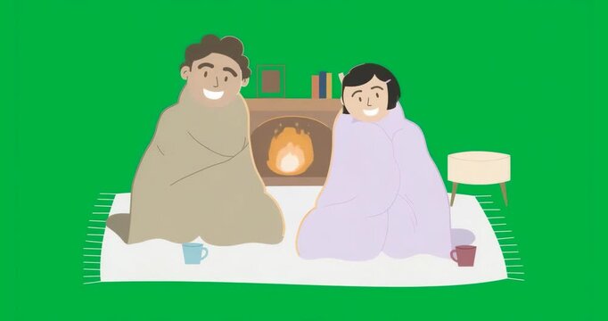 Crackling fire flickering behind cartoon couple in blankets sharing cozy moment on clear background