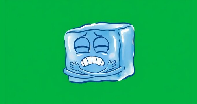 Ice cube shivering and breathing from cold in transparent background with flickering blue pixels
