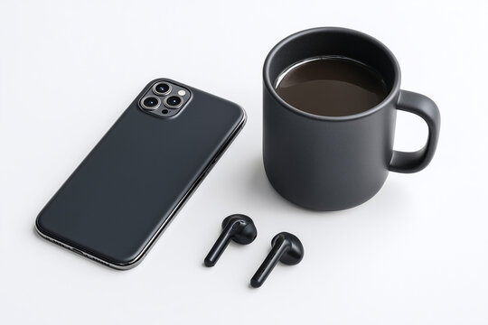 Professional minimalist flat lay of a modern smartphone, wireless earbuds, and a ceramic coffee mug on a clean white background, studio lighting, soft shadows, hyper-realistic, product photography, co