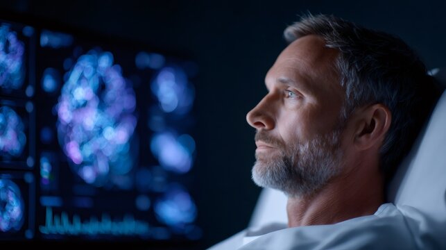 Mature man patient observes brain scan on monitor. Medical display with futuristic interface. AI diagnosis and innovative healthcare technology concept.