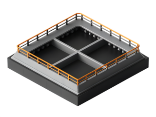 Square Industrial Platform With Orange Railings And Four Compartments structure construction isolated on a transparent background