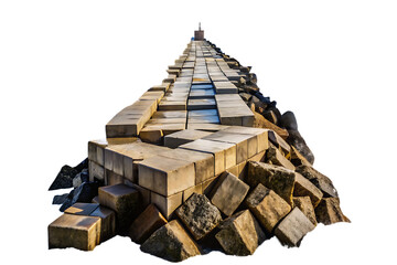 Stone pier structure with scattered rocks and dark background walkway breakwater isolated on a transparent background