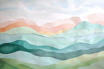 A layered landscape of soft, pastel hues, depicting mountainscapes with varied shades of peach, teal, and mint, evokes a tranquil and serene mood.