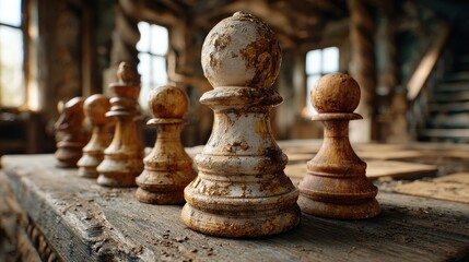 Vintage wooden chess pieces on weathered table