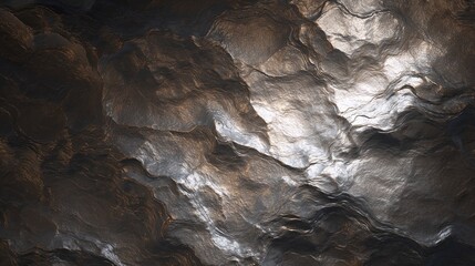 A textured abstract surface featuring dark tones with metallic highlights, resembling waves or flowing liquid.