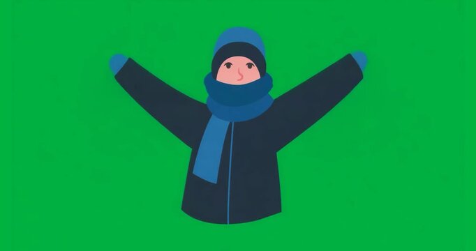 At start figure wearing blue winter coat sweeping arms against transparent backdrop to warm body