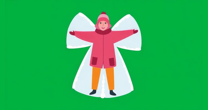 Child launching rhythmic arm and leg sweeping actions to carve snow angel outline for winter play