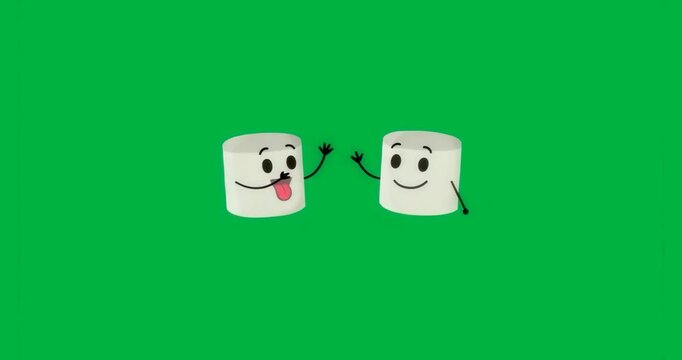 Appearing marshmallow duo waving then joining arms for friendly high-five on transparent background