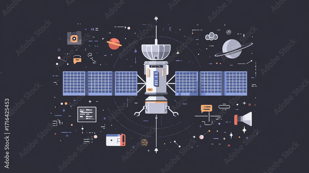 Poster space satellite orbiting planets with communication signals and data transfer