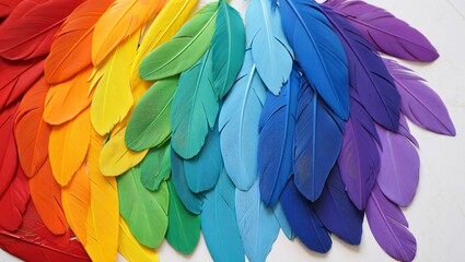 Vibrant rainbow of feathers displayed in a gradient