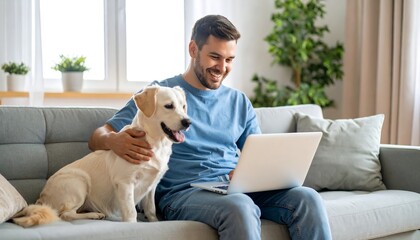 Man and dog using laptop