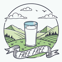 Vector illustration of a fresh glass of milk with natural farm landscape, mountains, trees, and ribbon banner in vintage line art style. Perfect for organic food and dairy concepts.
