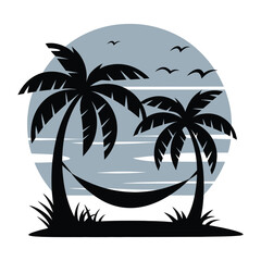 Palm Trees Hammock Silhouette – Tropical Beach Sunset Vector Illustration © Zlfhr
