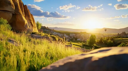 Hot air balloons rising over the fairy chimneys of Cappadocia, dreamy morning light