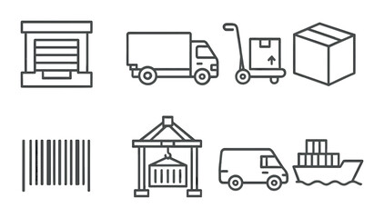 Logistics icon set featuring trucks, boxes, and shipping symbols