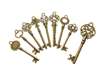 Collection of antique skeleton keys isolated on transparent background, arranged in a semicircle, showcasing intricate designs and vintage charm