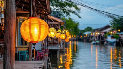 A riverside Thai village in Amphawa, glowing lanterns reflecting on the water