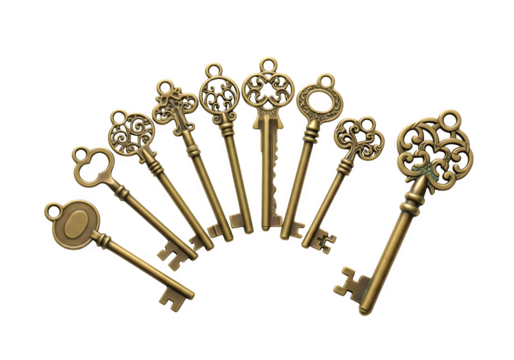 Collection of antique skeleton keys isolated on transparent background, arranged in a semicircle, showcasing intricate designs and vintage charm