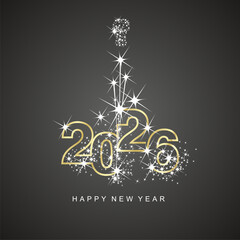 Happy New Year 2026 greetings white firework golden line design numbers black color background