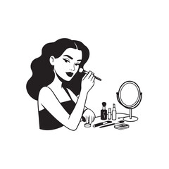 Black and white line art of a beautiful woman doing makeup at dressing table with mirror illustration