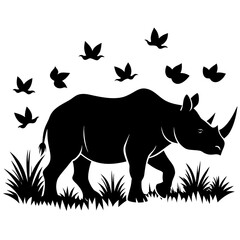 Black silhouette of a rhinoceros walking through grass with birds flying