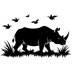 Black silhouette of a rhinoceros walking through grass with birds flying 1