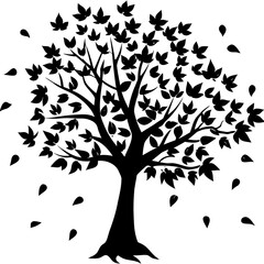 Black silhouette of a tree with falling leaves white 2