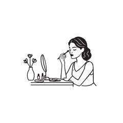 Black and white line art of a beautiful woman doing makeup at dressing table with mirror illustration