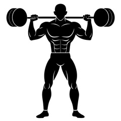 Black silhouette of muscular man lifting barbell weightlifting