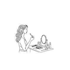 Black and white line art of a beautiful woman doing makeup at dressing table with mirror illustration