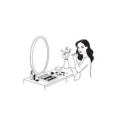 Black and white line art of a beautiful woman doing makeup at dressing table with mirror illustration