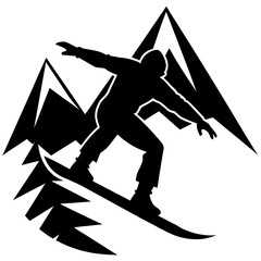 Black silhouette of snowboarder on mountain slope snowboarding