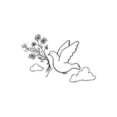 Dove peace bird flying with flowers vector illustration drawing line art design element graphic resource image