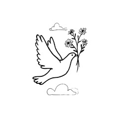 Dove peace bird flying with flower branch vector drawing line art illustration for print and design elements