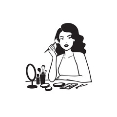 Black and white line art of a beautiful woman doing makeup at dressing table with mirror illustration