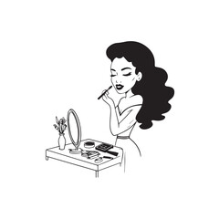 Black and white line art of a beautiful woman doing makeup at dressing table with mirror illustration