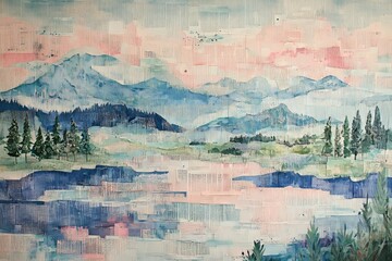 Fototapeta premium A tranquil landscape painting showcases a serene vista of mountains, forests, and water, rendered in muted blues, greens, and pinks, with a textured collage effect.