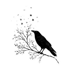 Black crow raven perched on tree branch with stars illustration vector art design graphic drawing image