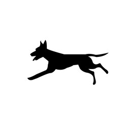 A dynamic silhouette of a dog running, likely a hound breed, presented against a plain white background.