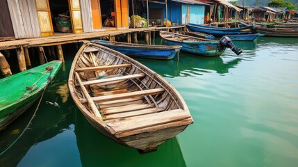 Obraz premium A traditional fishing village in Ha Long Bay, wooden boats floating on emerald waters